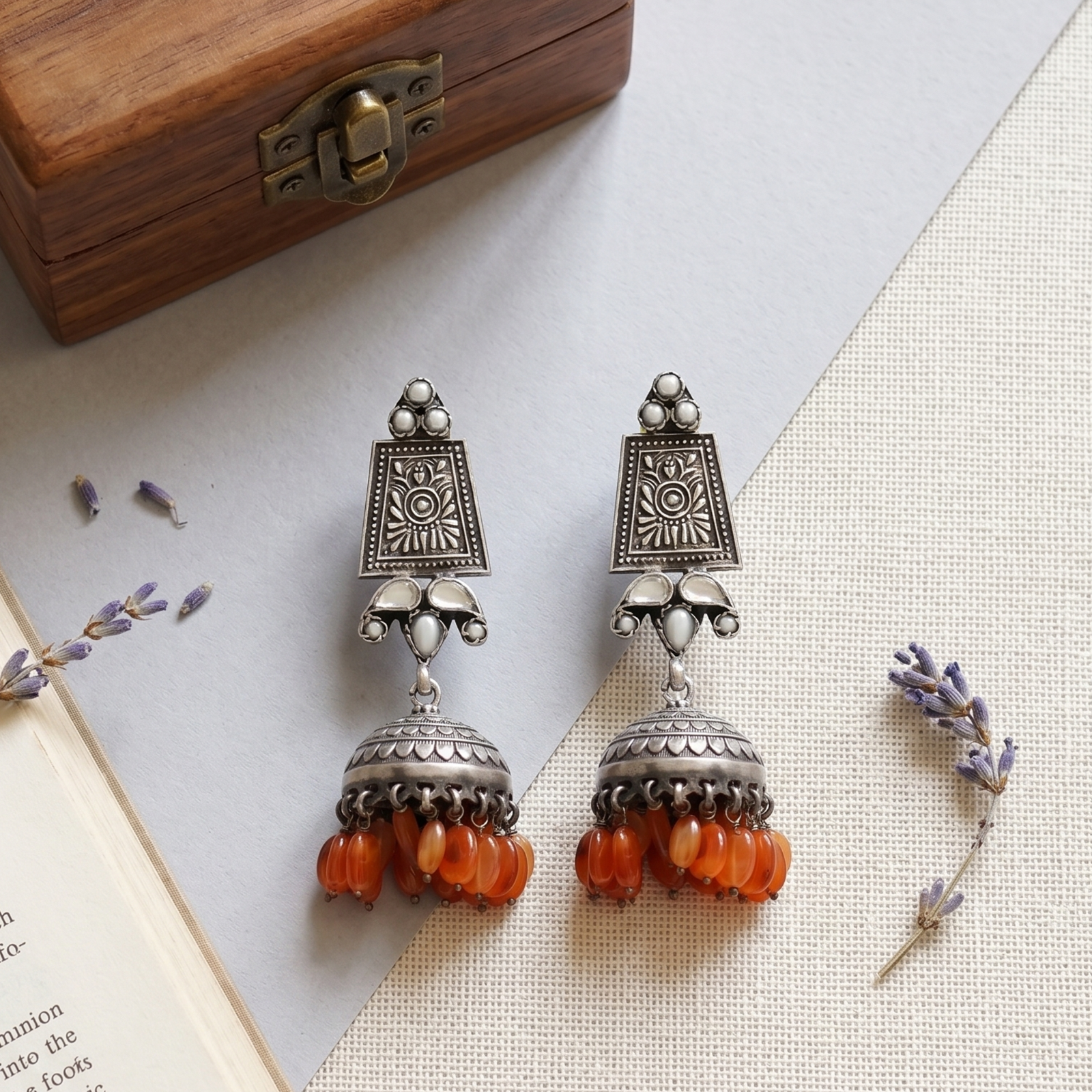 Sangeeta Boochra Heritage Oxidised Silver Earrings with Orange Hanging Beads