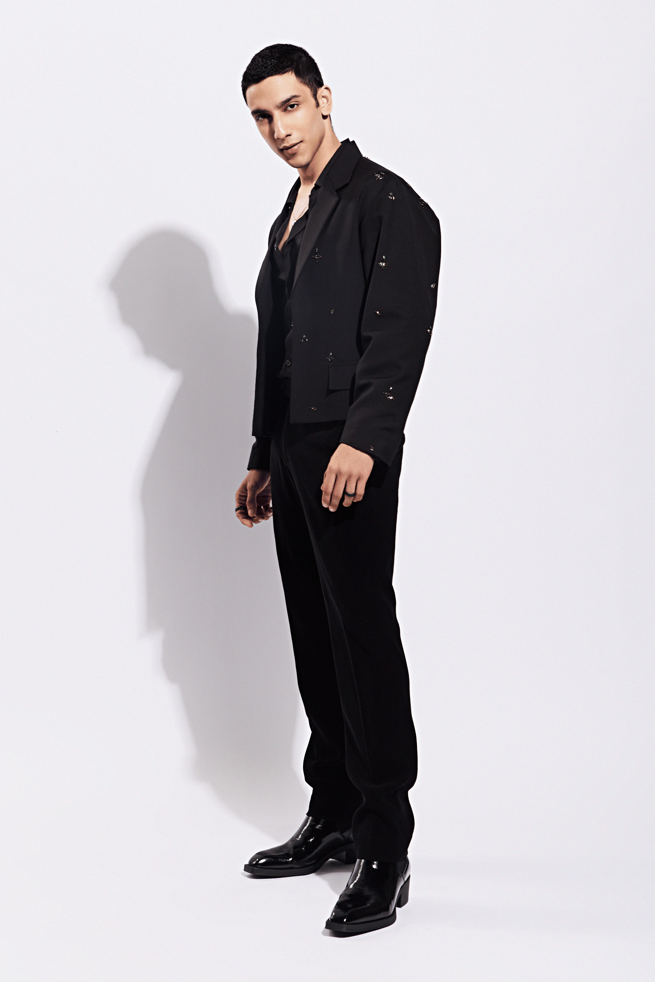 Black Worsted Wool Motifs Embellished Cropped Jacket