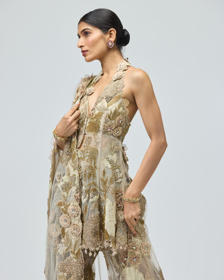 Gold Patchwork Sharara Set in Beige with 3D Floral Detailing
