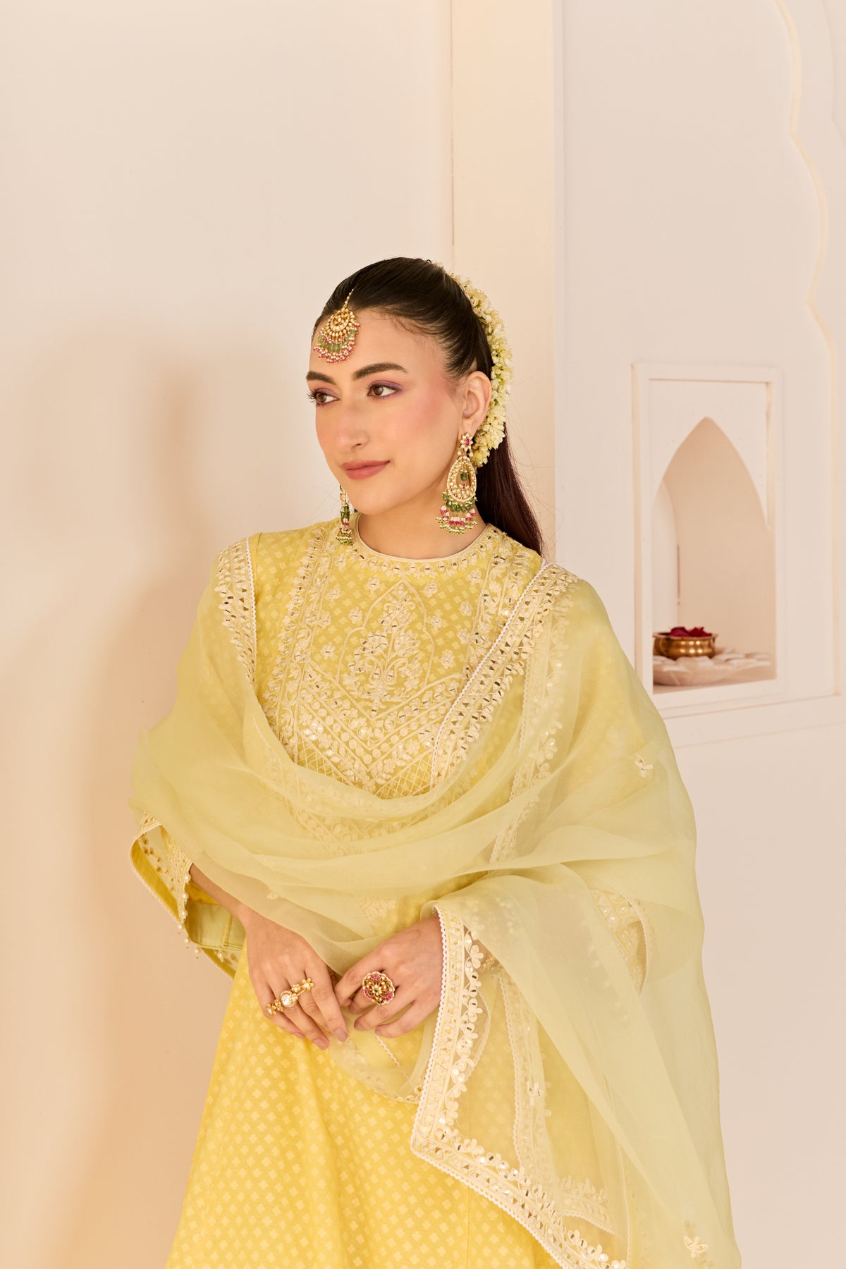 Lemon Yellow Chanderi Kurta with Salwar & Silk Organza Dupatta