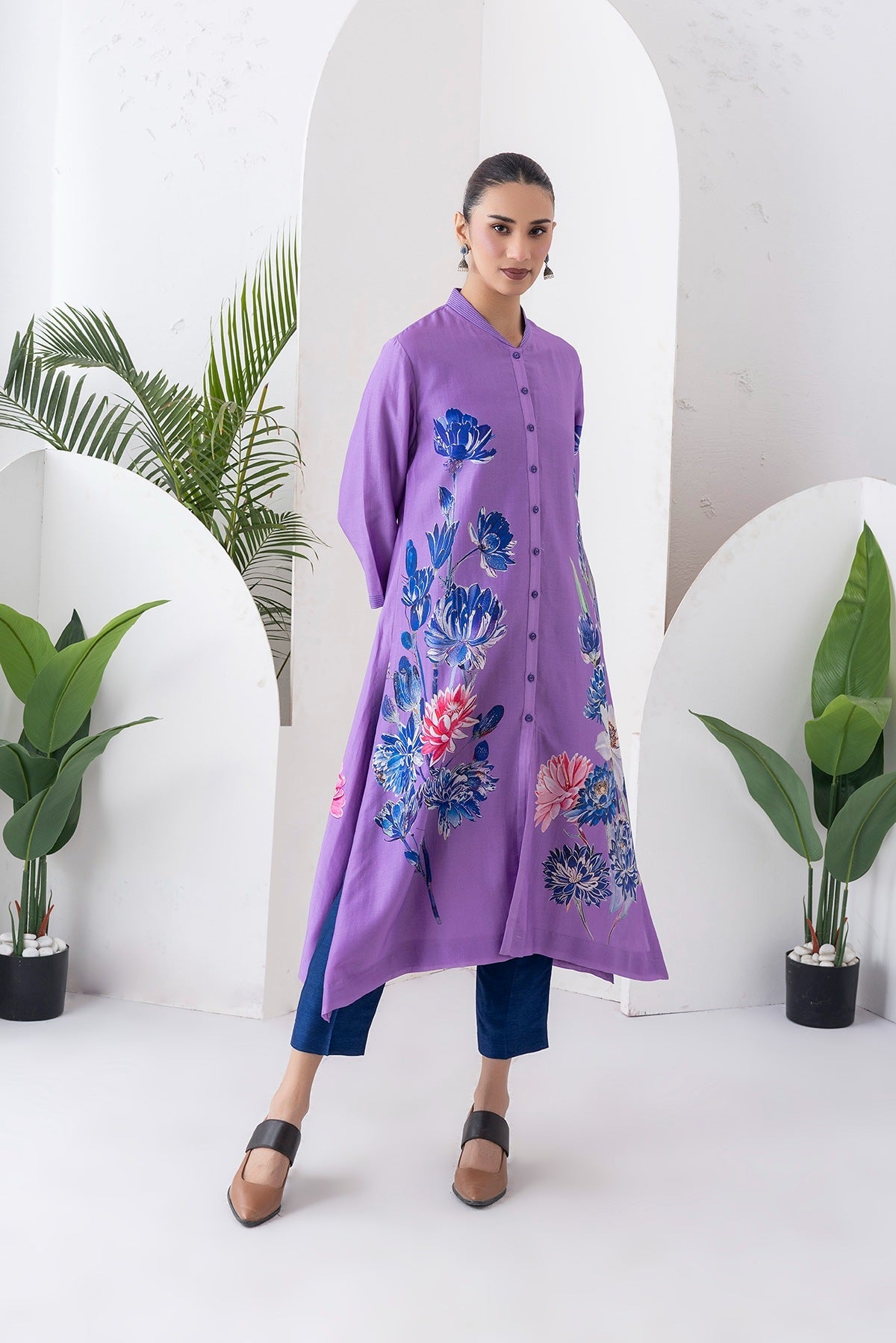 Lavender Silk Chanderi Front Open Printed Dress Set (3 PCS)