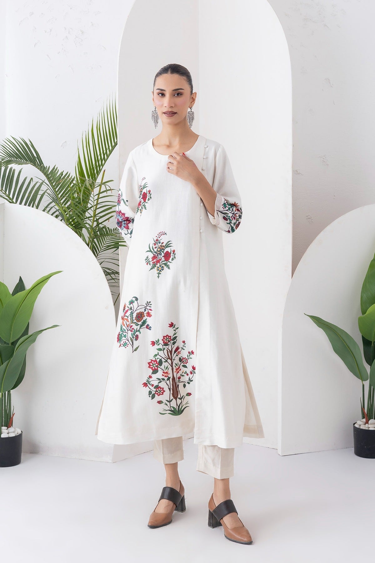Ivory Silk Chanderi Floral Boota Printed Dress Set (2 PCS)