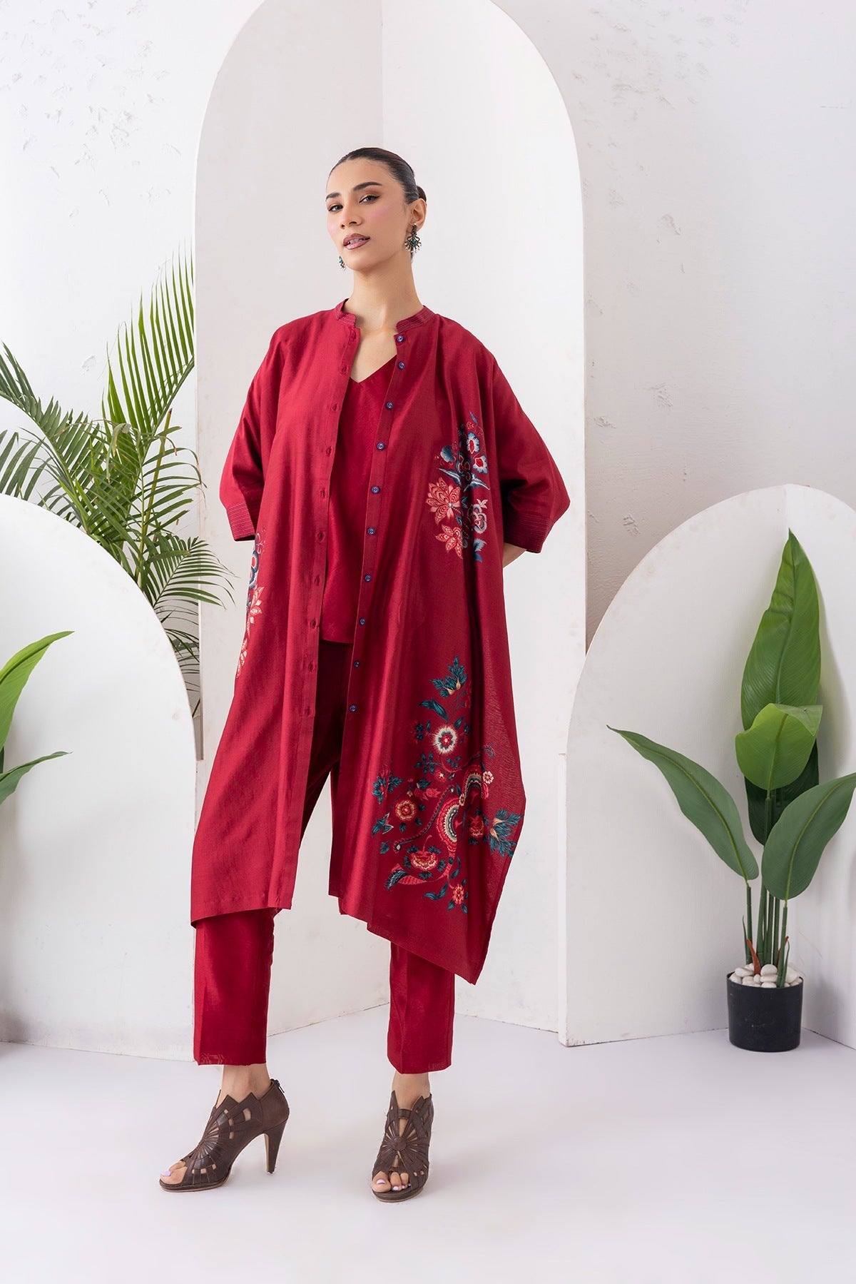 Maroon Silk Chanderi Printed Kaftan Style Dress Set (3 PCS)
