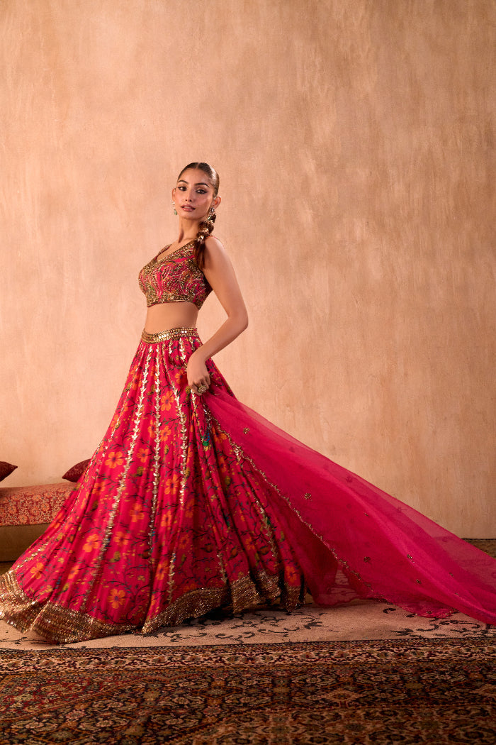 PINK PRINT EMBROIDERED CHOLI, LEHENGA AND DUPATTA SET - image 6