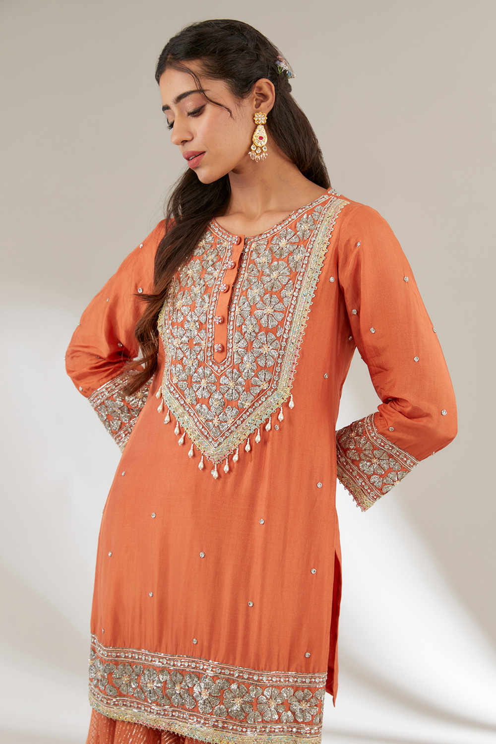 Rust Orange Manvi Garara Set in Embroidered Upada Silk & Organza