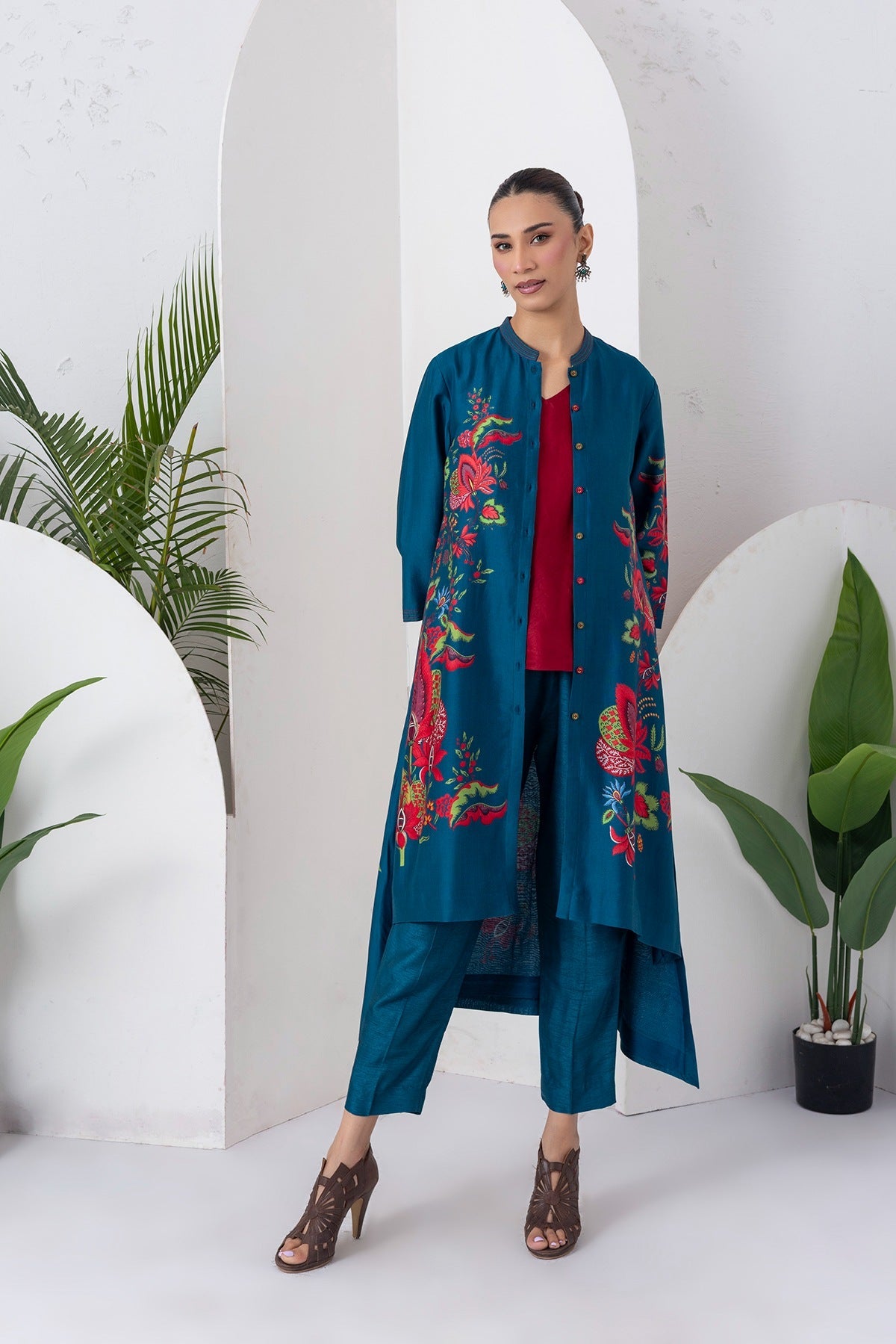 Indigo Silk Chanderi Printed Front Open Floral High-Low Dress Set (3 PCS)