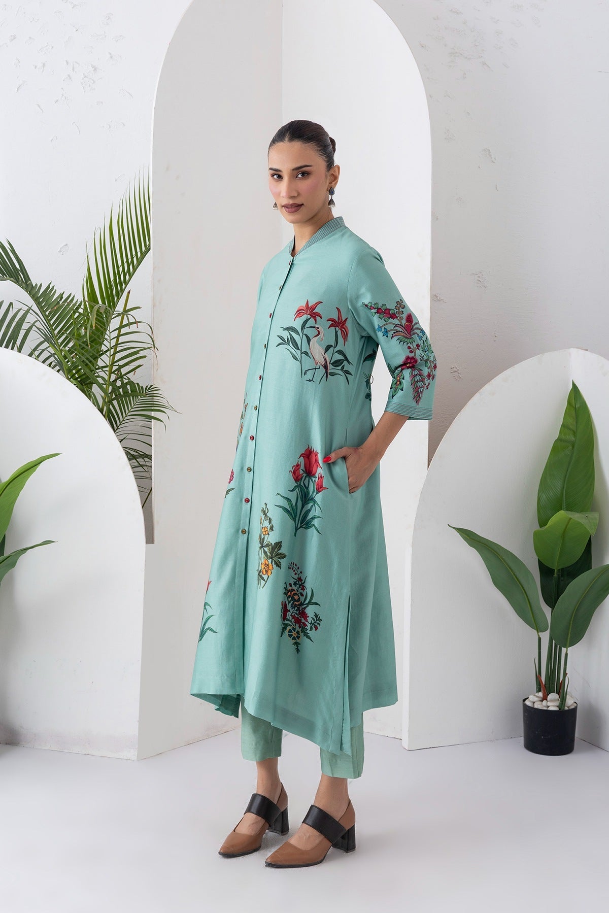 Mint Silk Chanderi Floral Printed Front Open Dress Set (3 PCS)