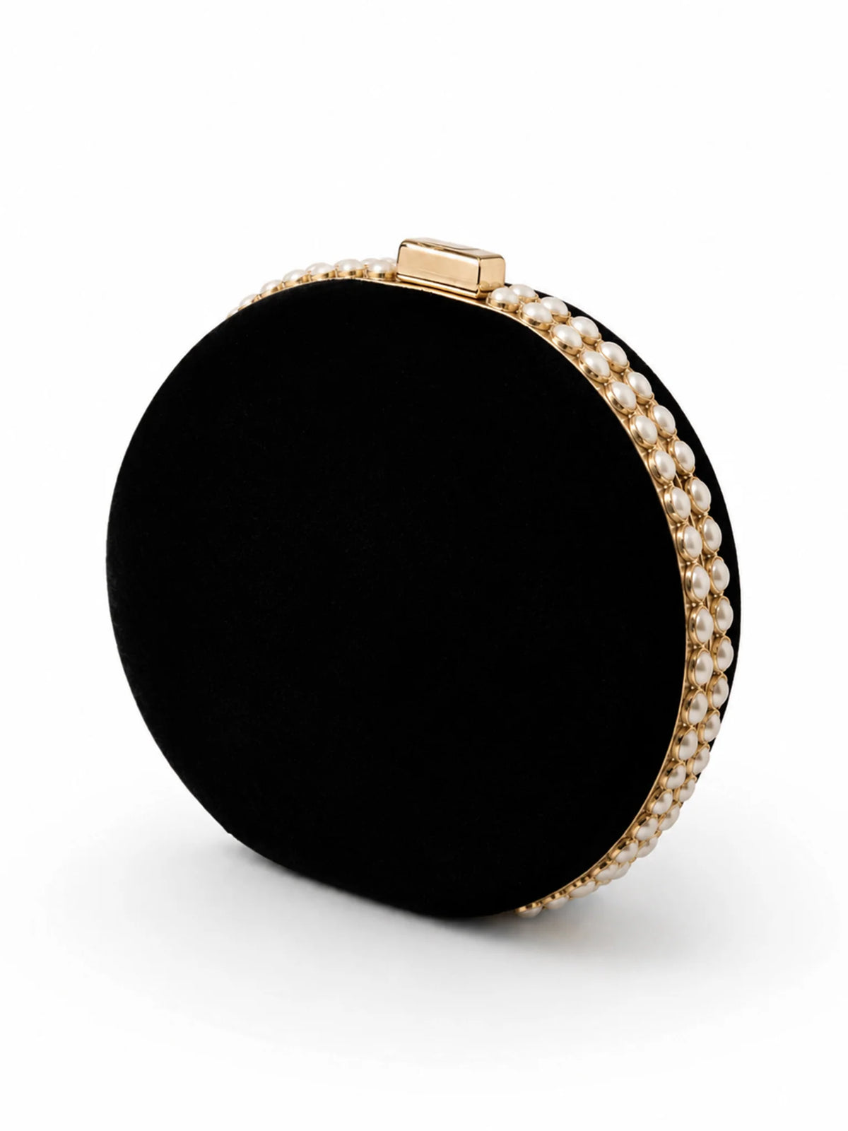 Black Zardozi Embroidered Round Clutch Bag with Gold & Pearl Detail