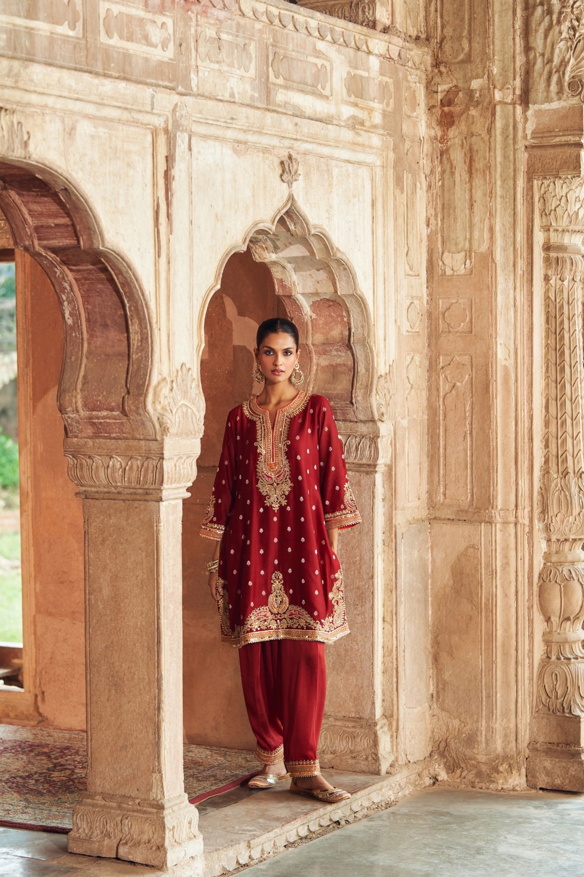 Mehwish Deep Red Silk Banarasi Short Kurta Salwar Suit Set