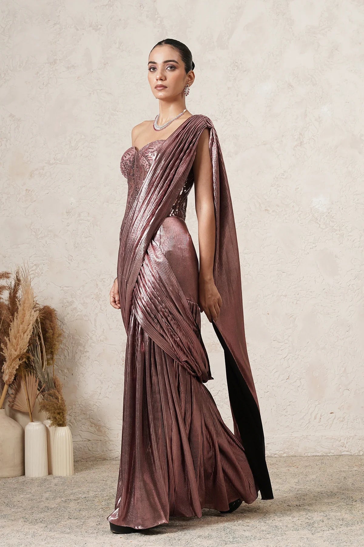 Chandni metallic pre-draped saree with sequin blouse in light beige for women, perfect for cocktails, receptions & sangeet. By THETAA.