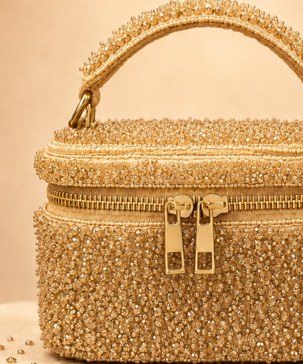 Ziya Gold Suede Embroidered Vanity Bag