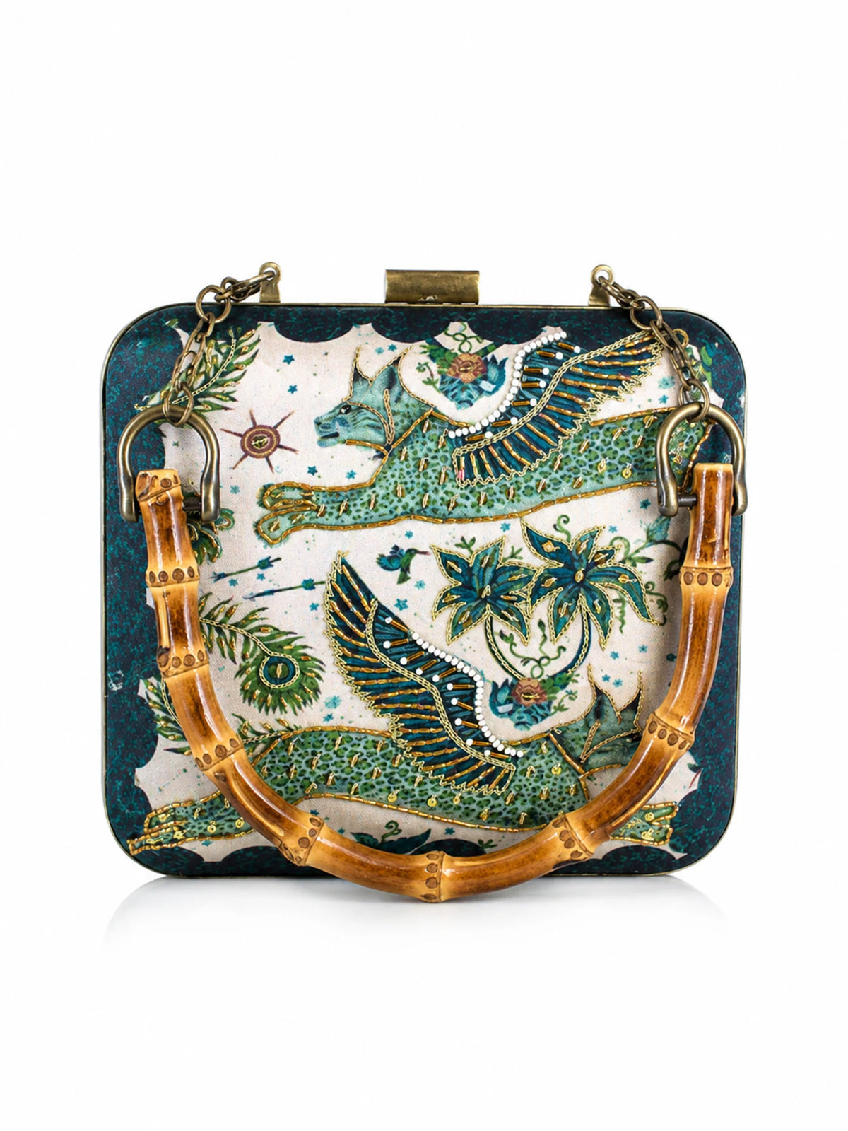 Mythical Bird Print Clutch Bag with Embroidery & Bamboo Handle