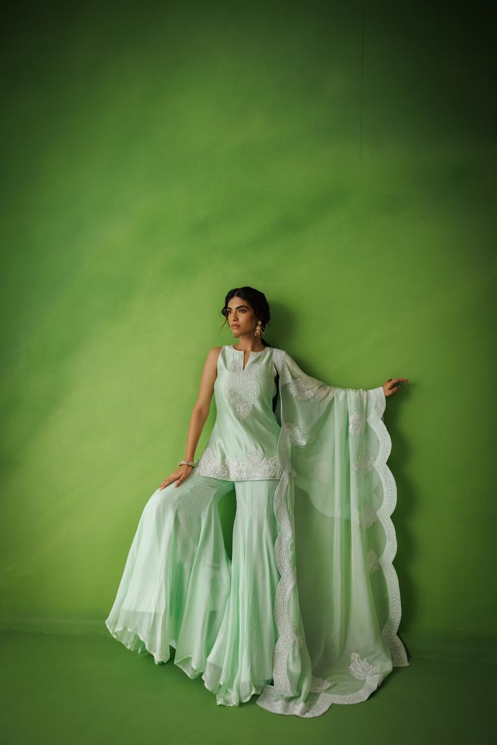 Mint green flared sharara set