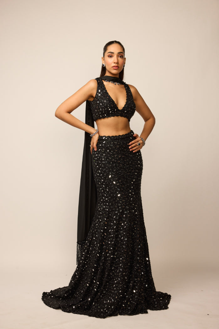 Black Fishcut Lehenga Set