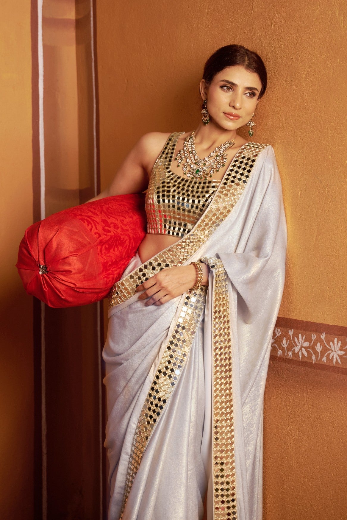 Hand embroidered mirror blouse with saree