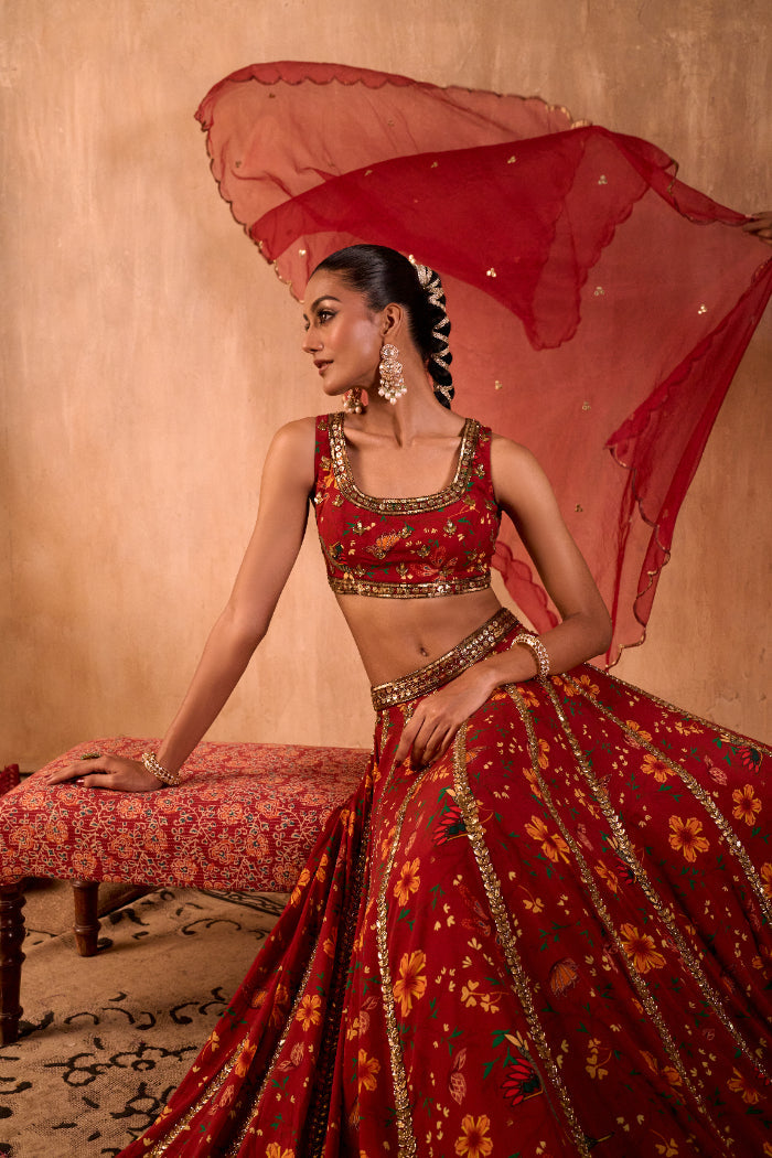 RED PRINT EMBROIDERED CHOLI, LEHENGA AND DUPATTA SET - image 6