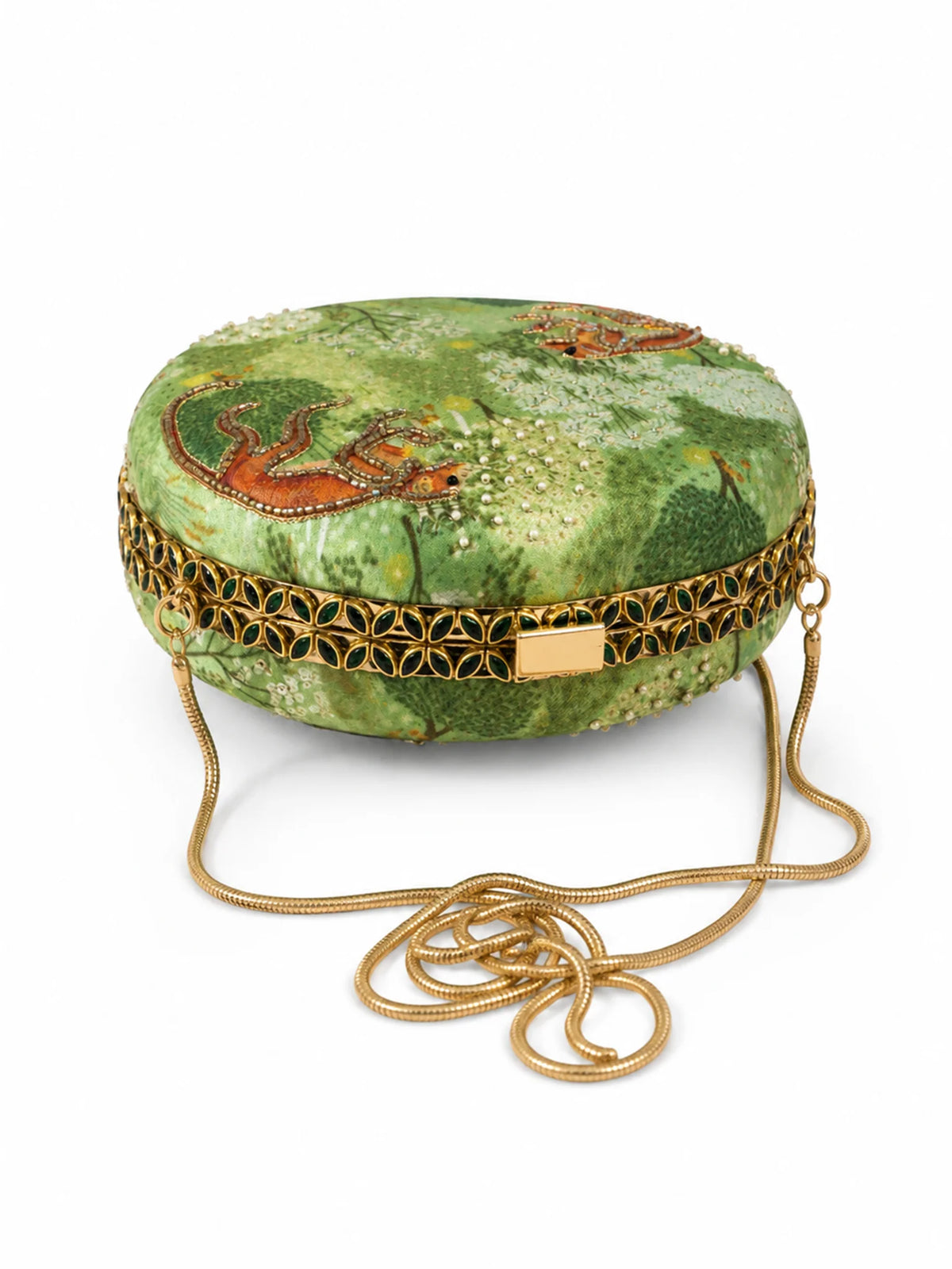 Green Forest Print Round Clutch Bag with Monkey Motif & Beaded Tassels