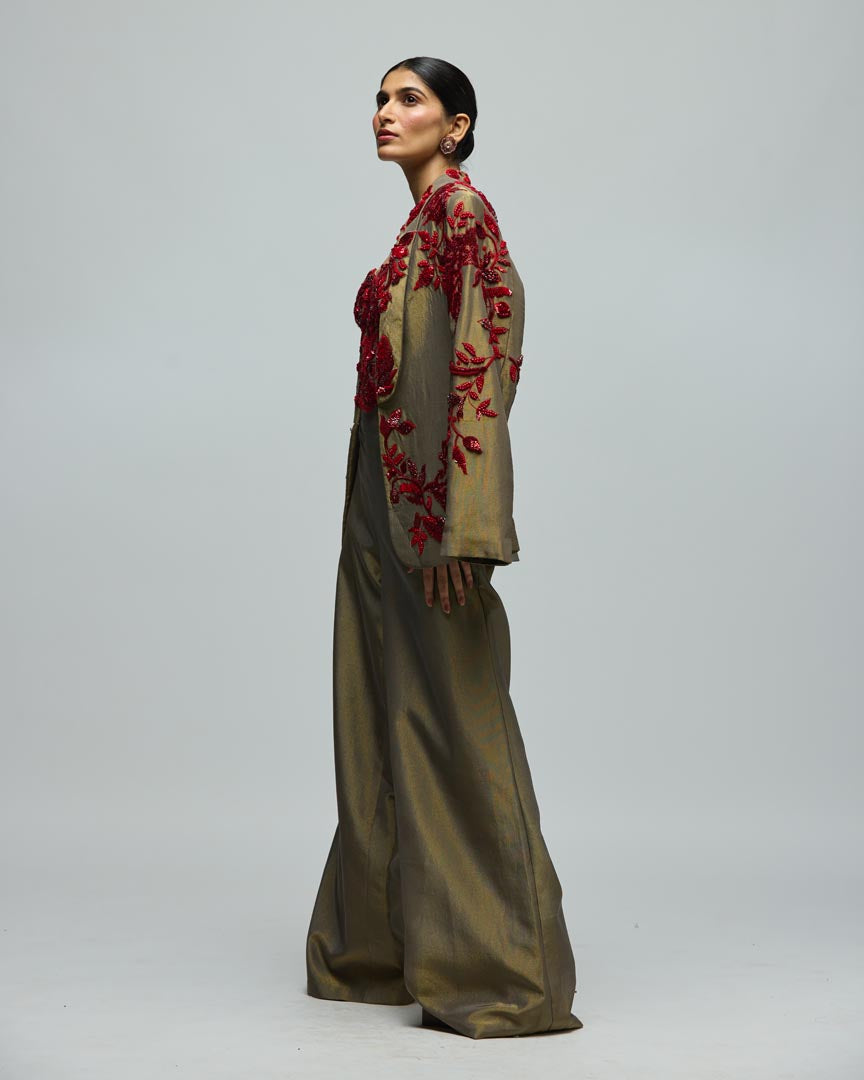 Red Stone Embellished Viscose Satin Jacket Set for Festive Glam