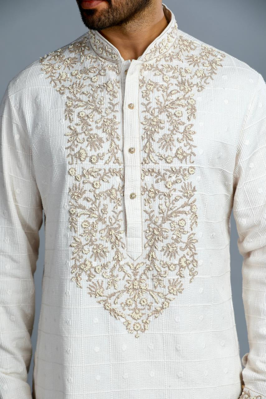 Ivory Cotton Embroidered Kurta