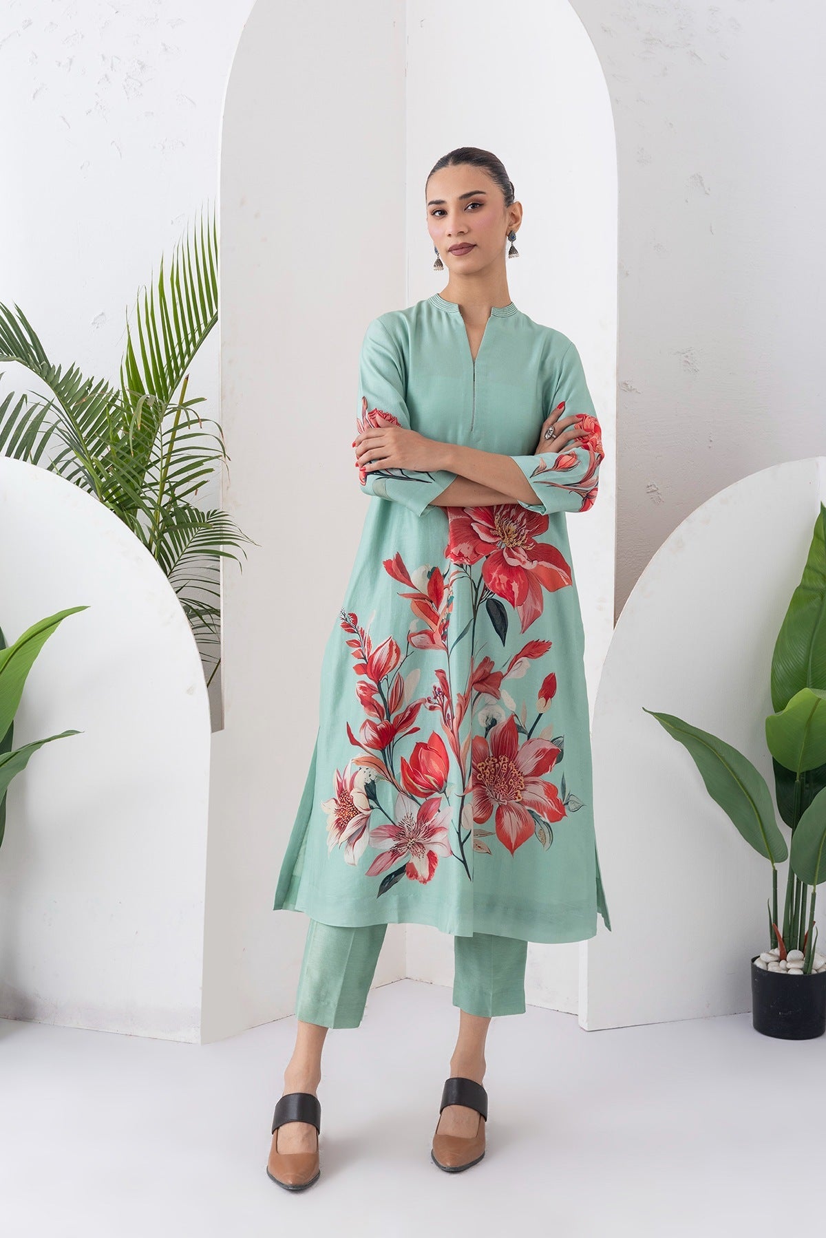 Mint Green Silk Chanderi Bloom-Inspired Printed Tunic Set (2 PCS)