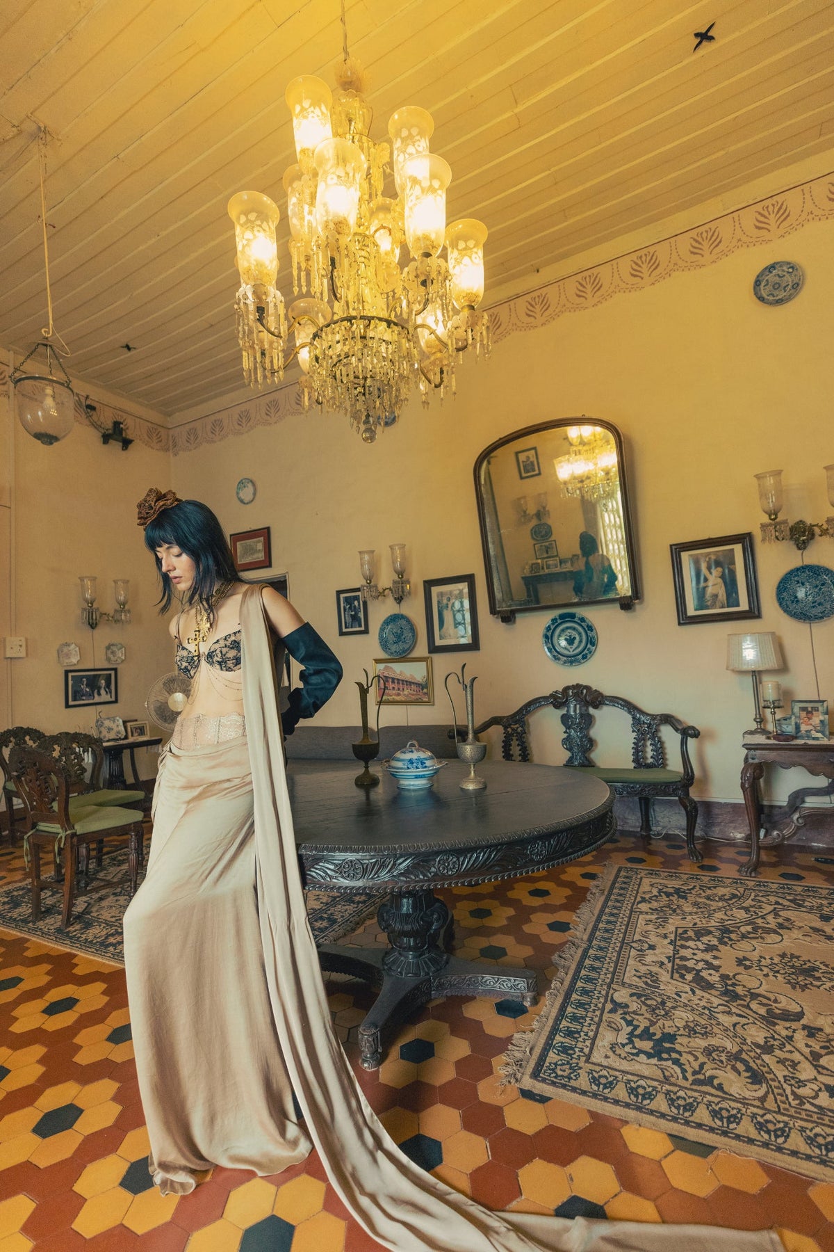 Black & Gold Taupe, Bead Embroidery, Tulle & Silk, Pre-Stitched Sari Set, Bralette Silhouette