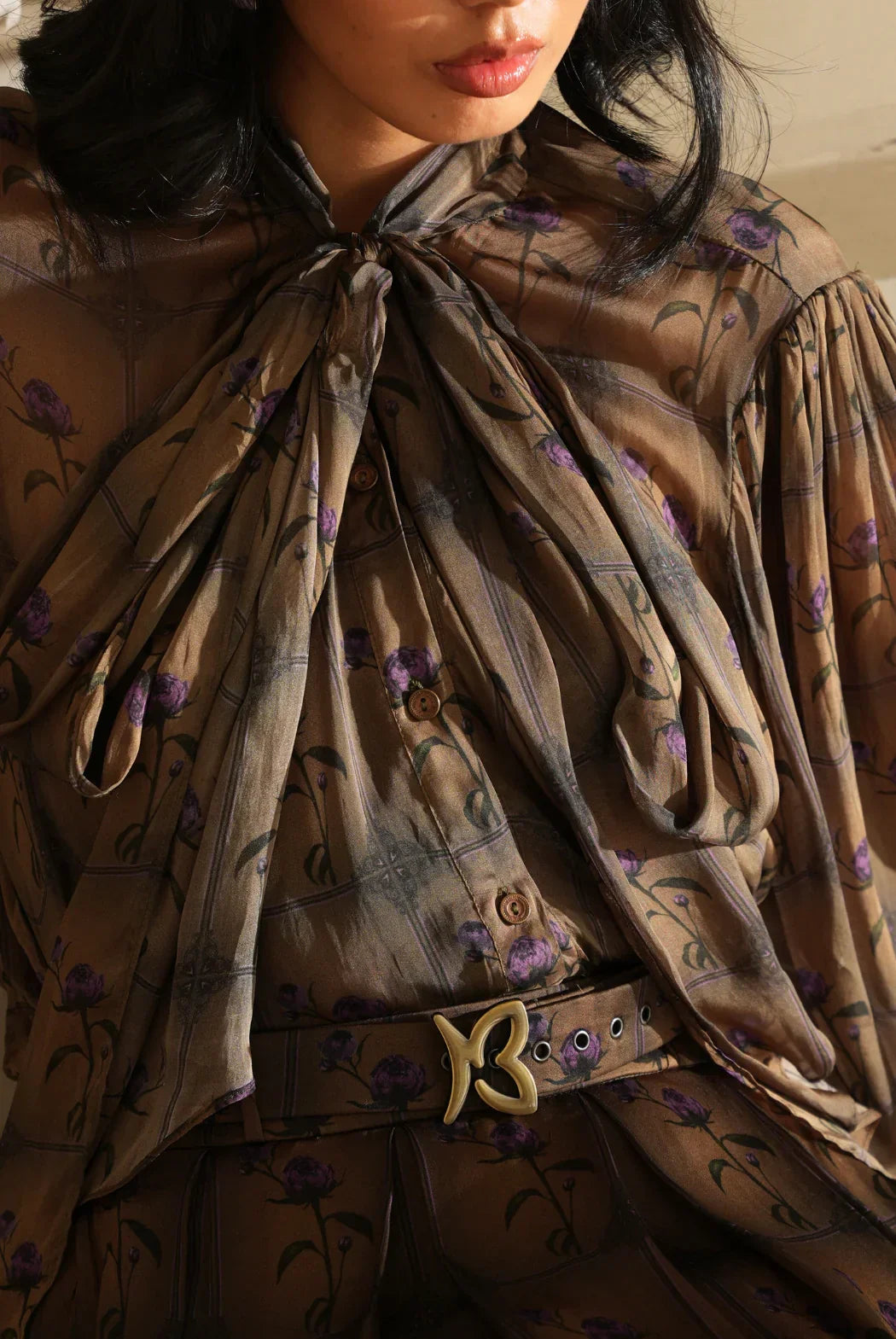 Elegant Olive Green Floral Print Skirt with Cinched Waist Belt