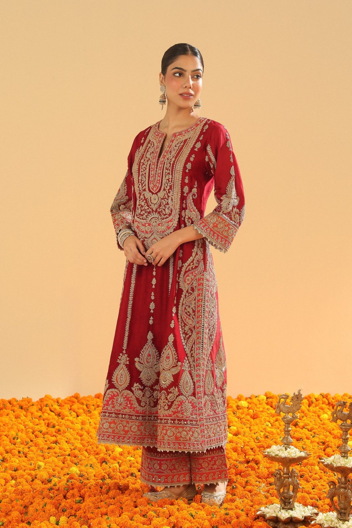 Rua - Deep Red Long A-line Kurta with Palazzo and Dupatta