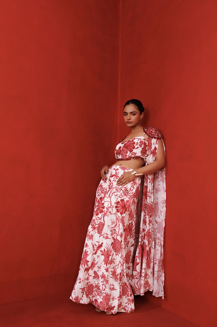 white & red printed shrug set