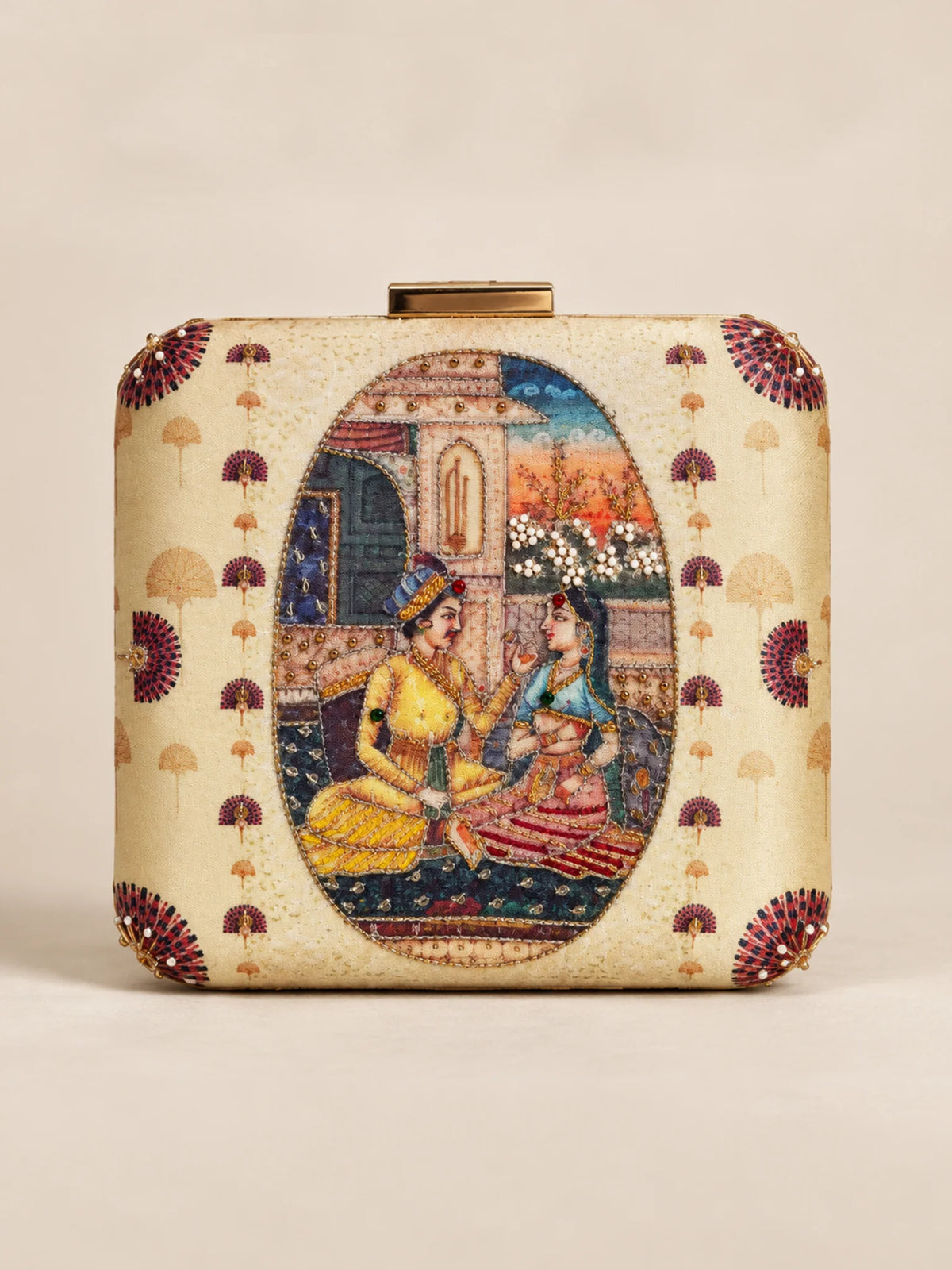 Ivory Indian Miniature Art Printed Embroidered Clutch Bag with Gold Detail
