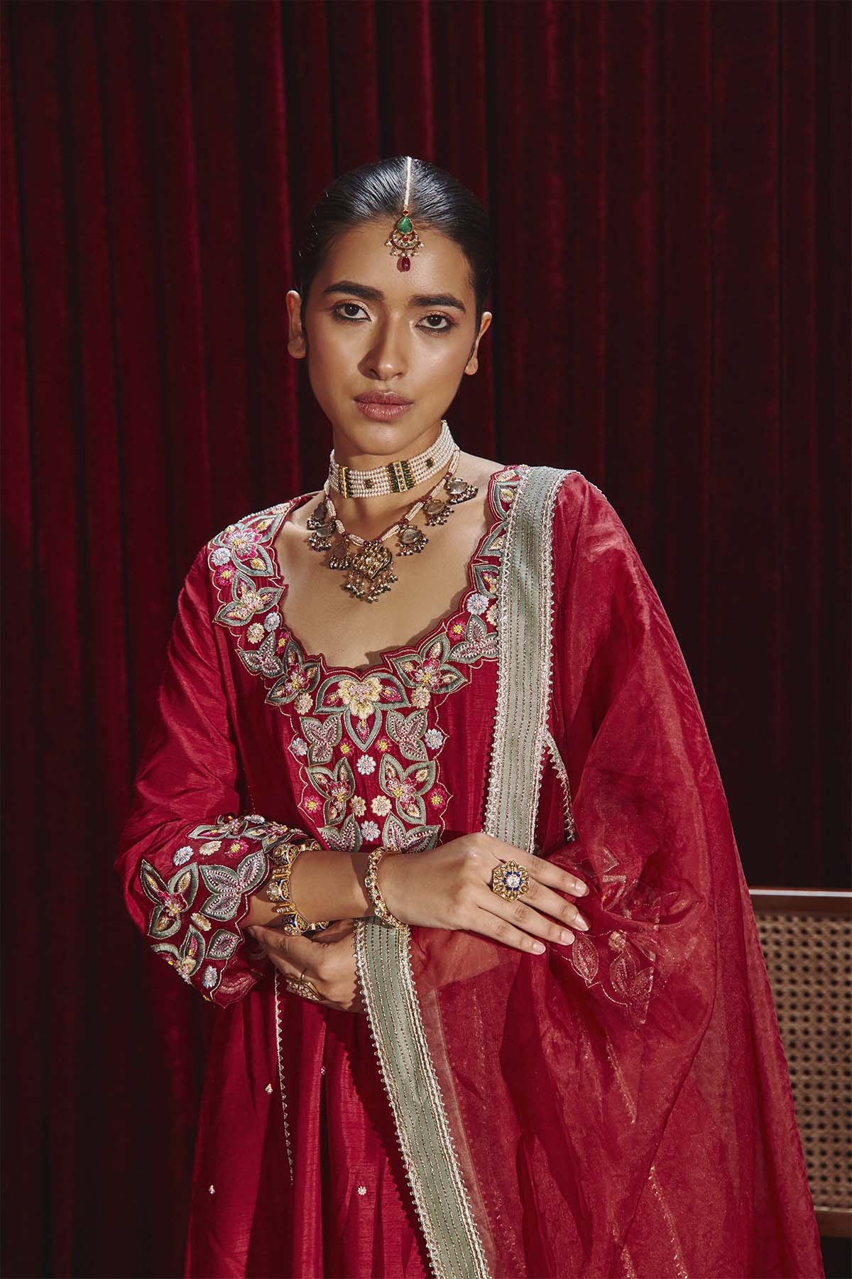 Shagun Wine Embroidered Dupion Silk A-Line Kurta and Sharara Set
