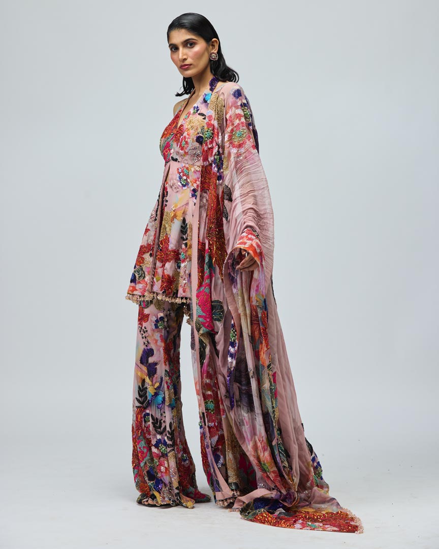 Pink Viscose GGT Halter Neck Sharara Set for Festive Wear