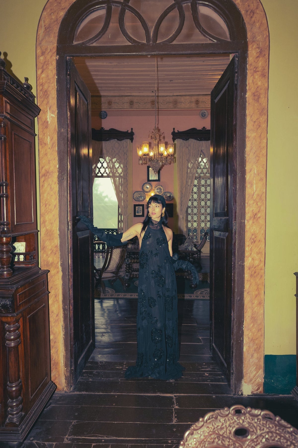 Black, Persian Embroidery, Silk Georgette & Tulle, Full-Length Dress, Sheath Silhouette