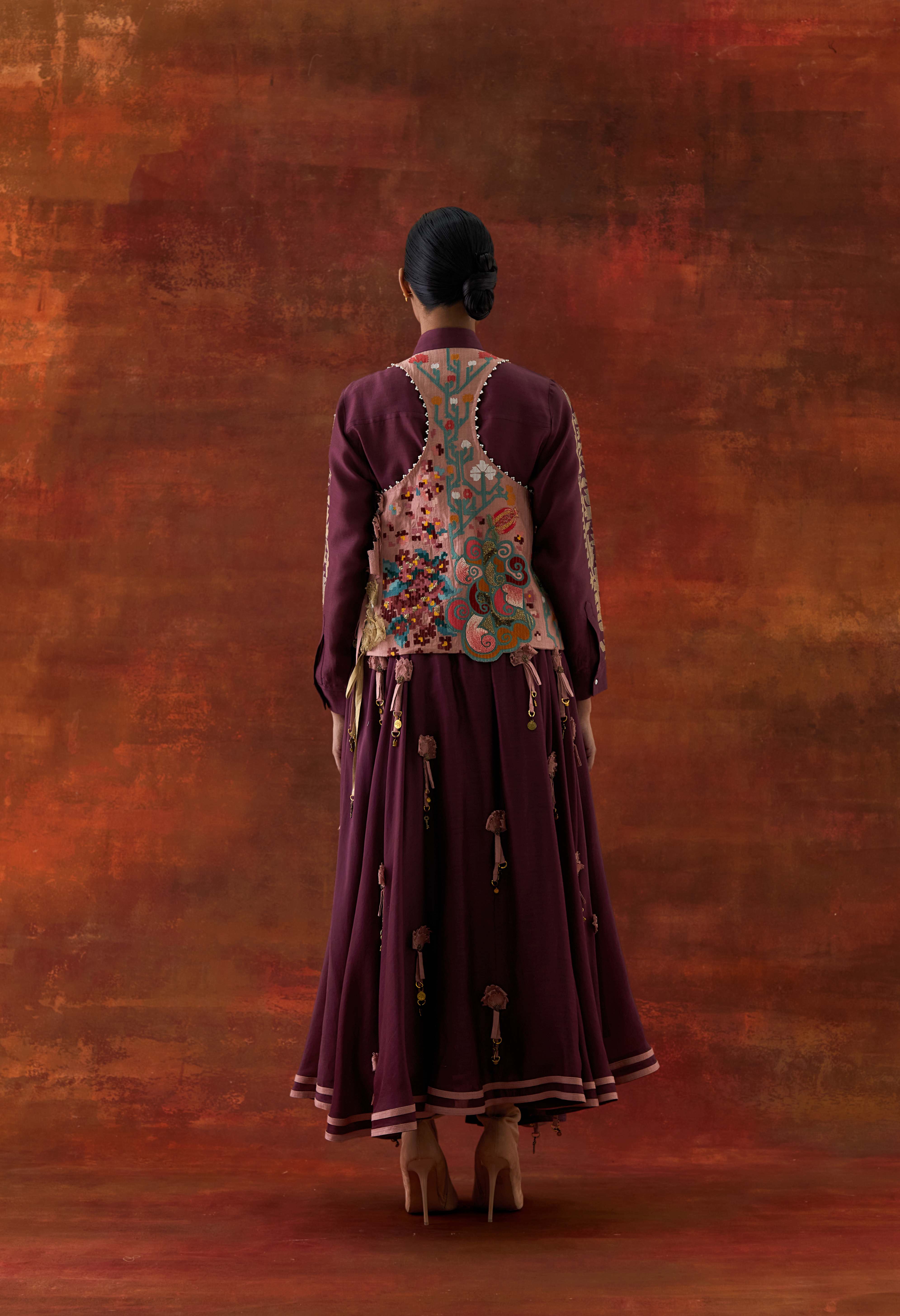 EMB ENGINEERED COWL RACER BACK JACKET + SHIRT WITH EMB BOOTA SLEEVES AND 3D FLOWER SKIRT - image 6