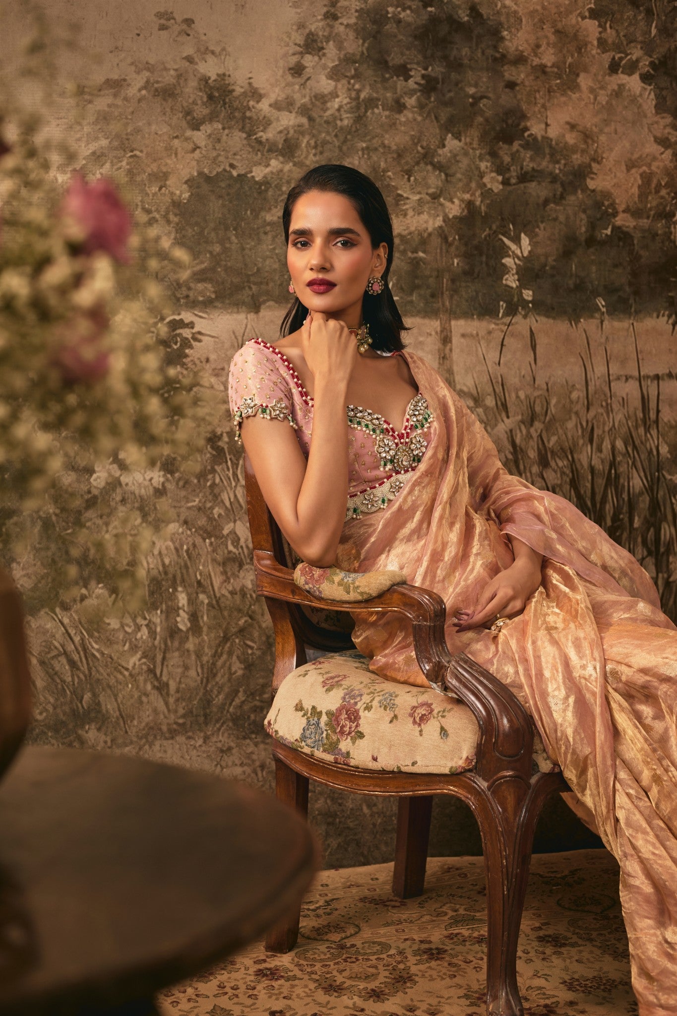 BLUSH PINK TISSUE SILK PRE-DRAPED SAREE