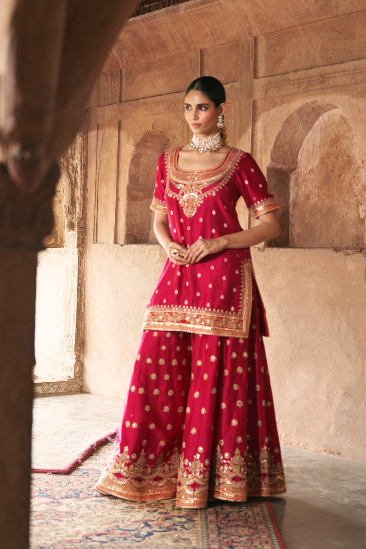 Hot Pink Pure Banarasi Short Kurta with Sharara & Dupatta