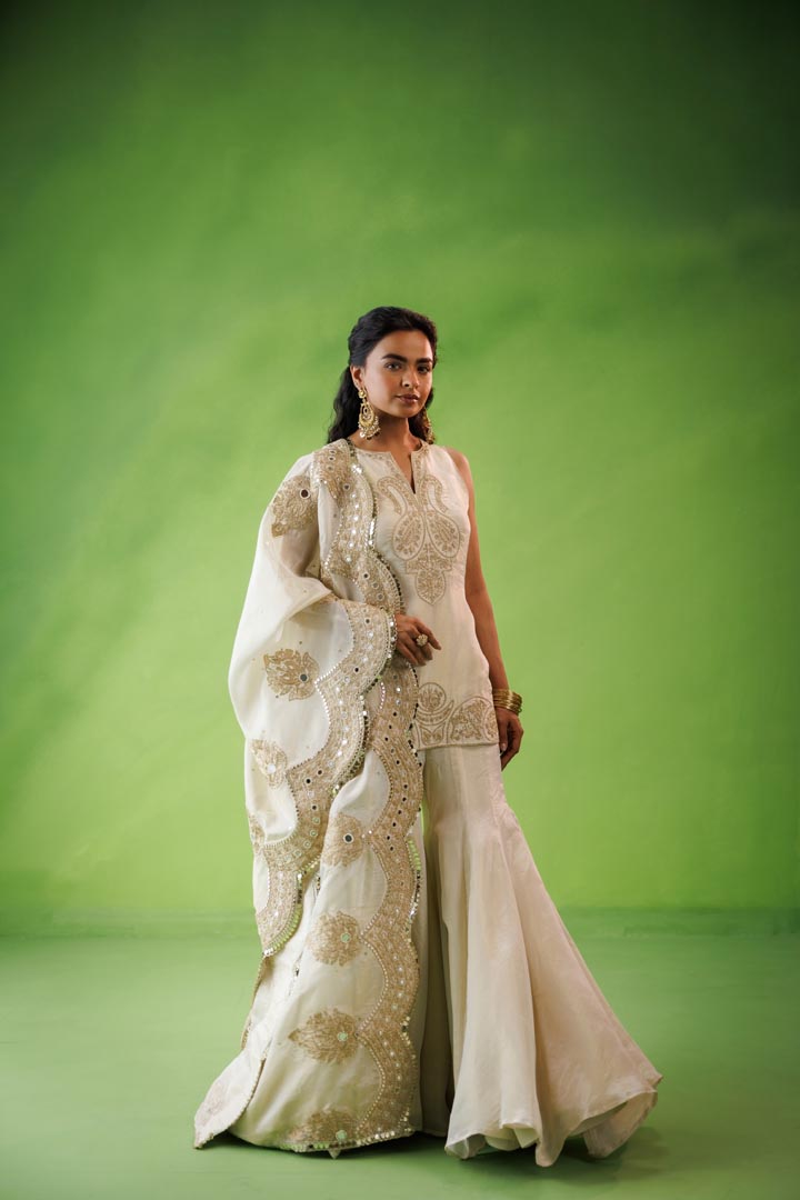 Beige tissue flared sharara set