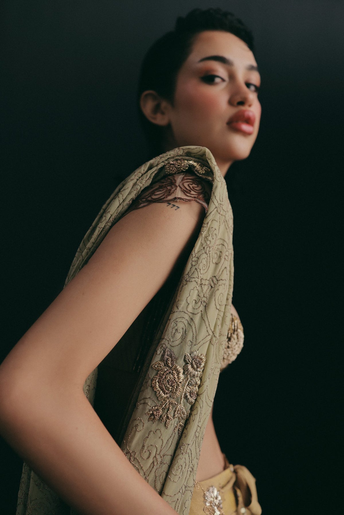 Zardosi Embroidery, Silk & Tulle with Voile, Three Piece Set, Crop and Pant Silhouette
