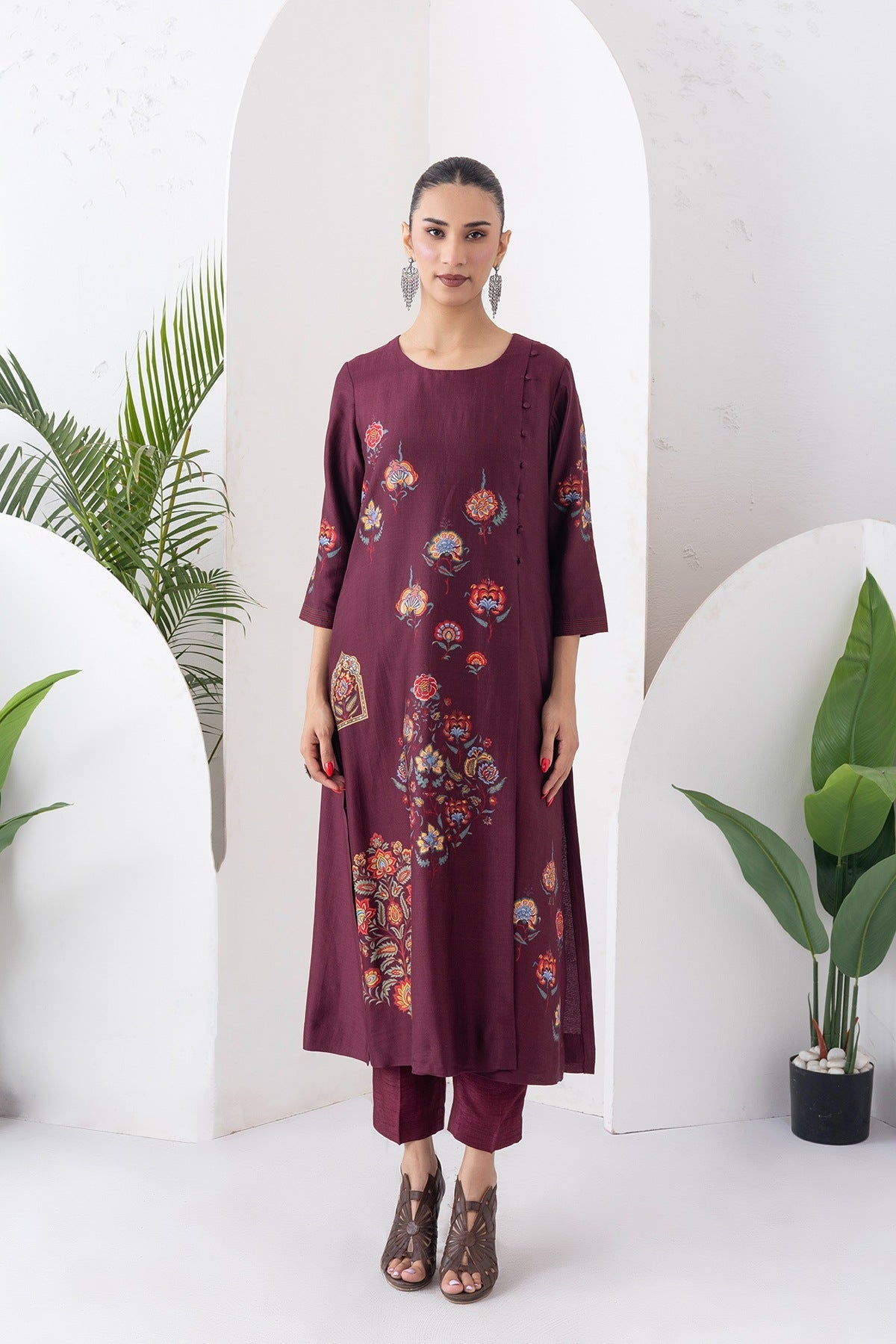 Chocolate Brown Silk Chanderi Printed Side Panel Dress Set (2 PCS)