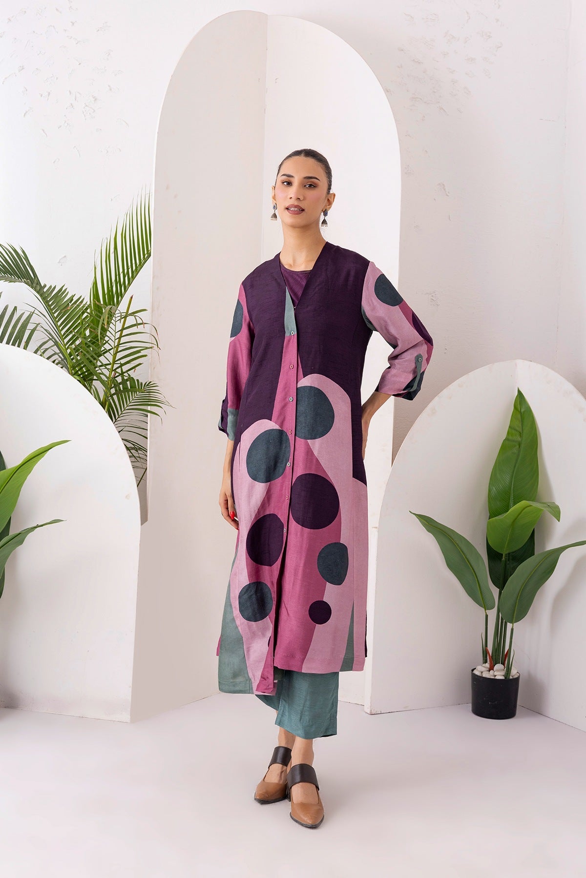 Salmon Pink & Wine Viscose Dupion Printed Dress Set (3 PCS)
