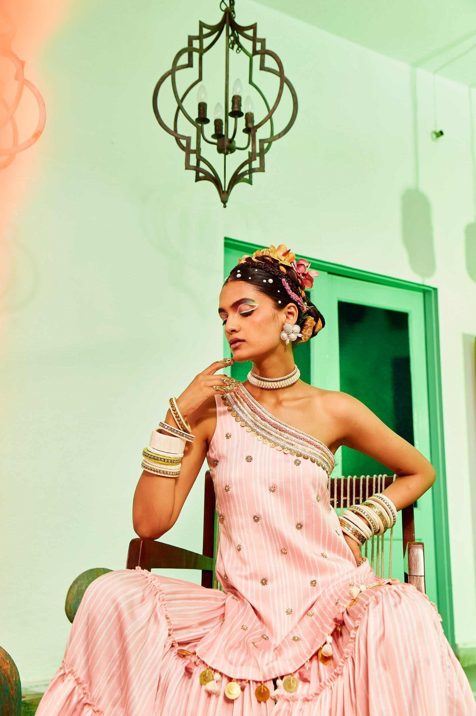 One Shoulder Kurta With Teired Sharara