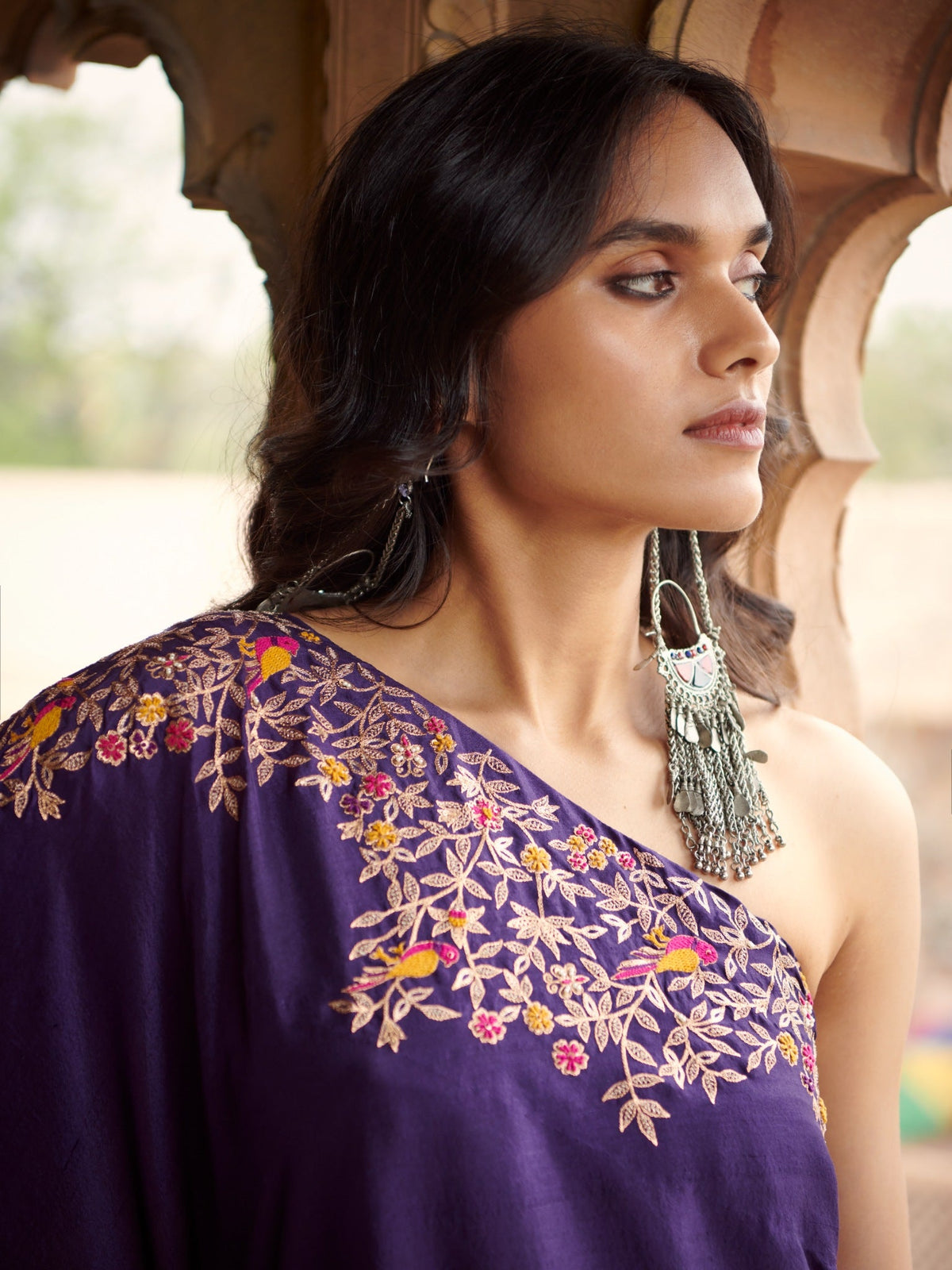 Embroidered one shoulder tunic with a sharara