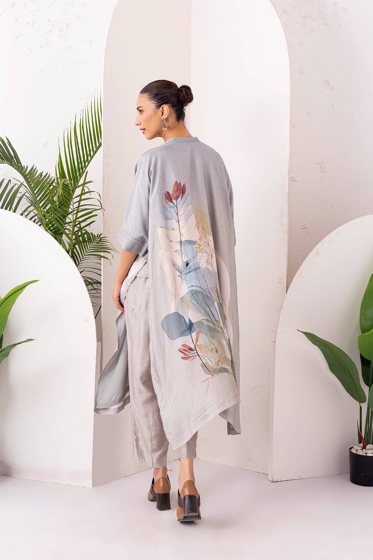 Grey Viscose Dupion Printed Kaftan Style Dress Set (3 PCS)