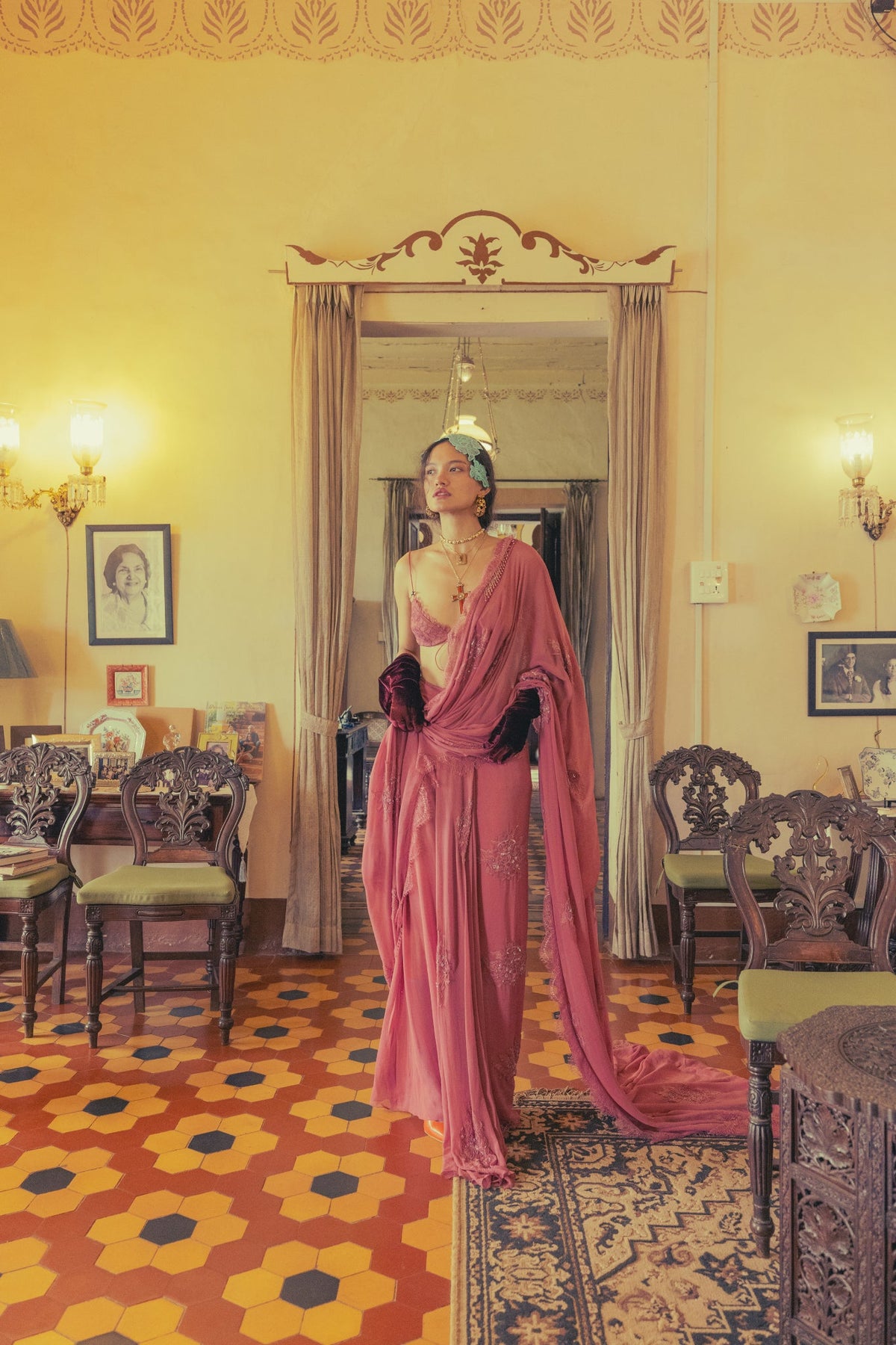 Vintage Rose, Zardosi & Bead Embroidery, Silk Georgette & Lace, Pre-Pleated Sari Set, Bralette Silhouette
