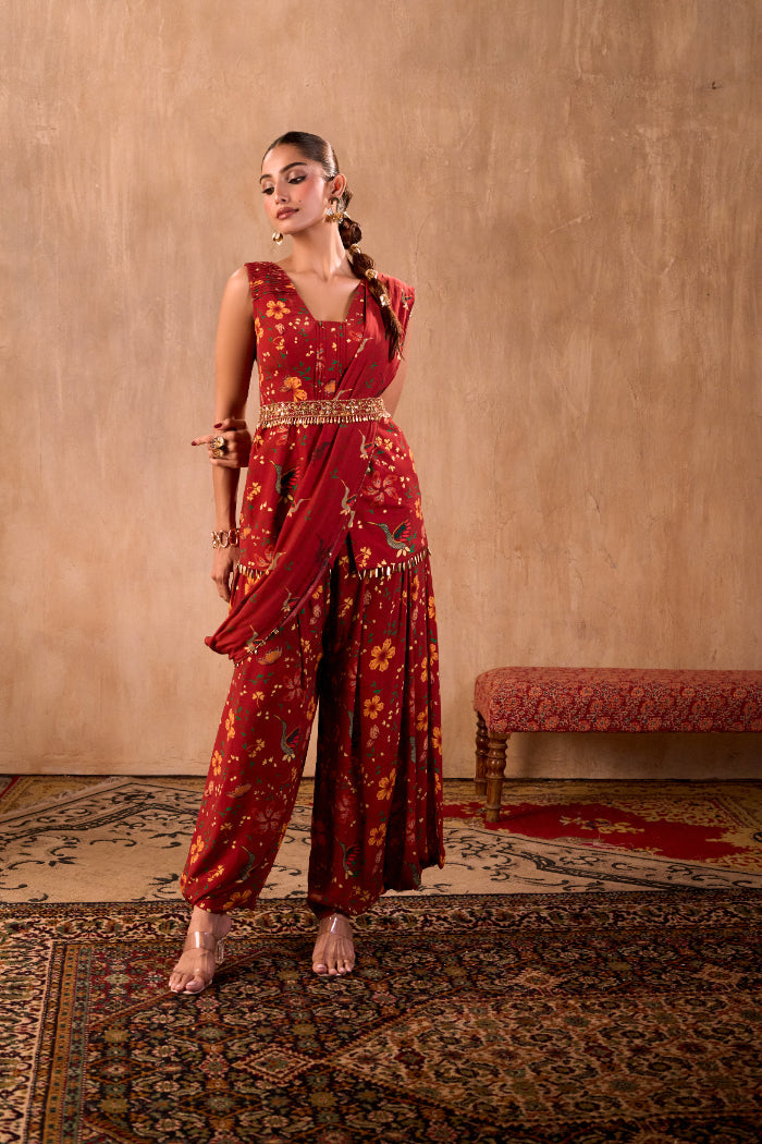 RED PRINT EMBROIDERED PEPLUM TOP, DRAPED PANTS, DRAPE AND BELT SET - image 6