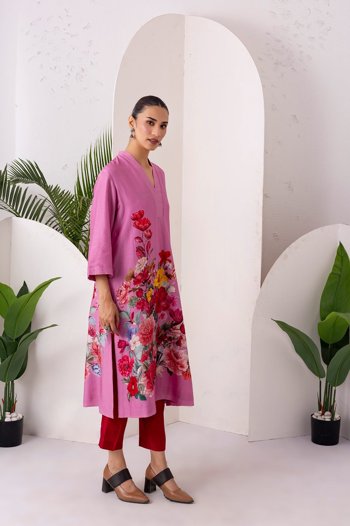 Salmon Pink Silk Chanderi Printed Tunic Set (2 PCS)