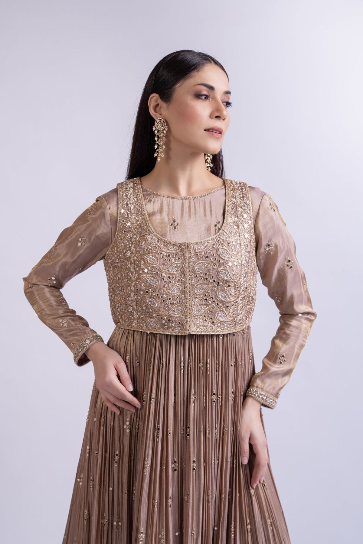 Mouse Brown Tissue Silk Short Anarkali with Embroidered Jacket