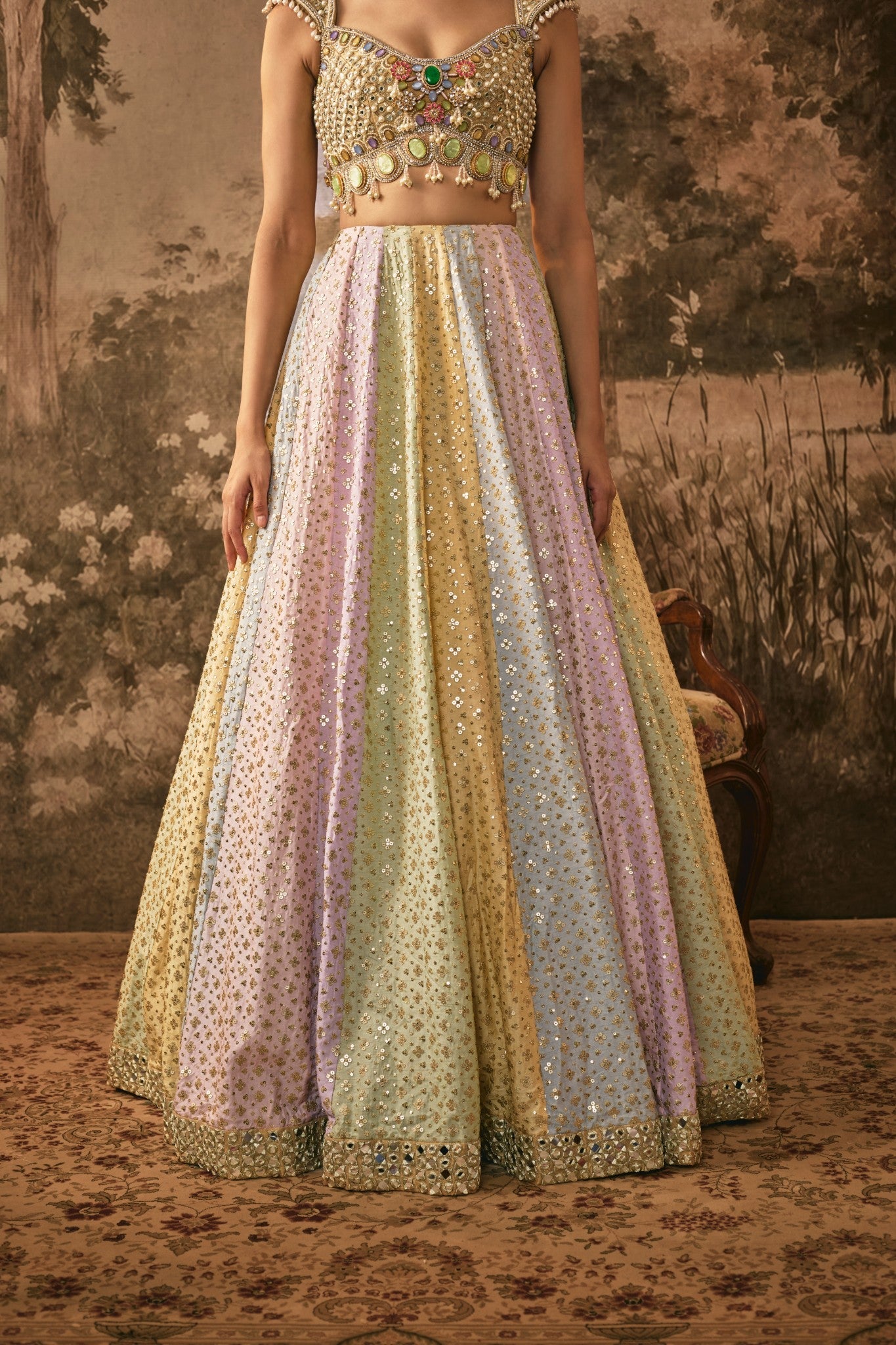 Multi colored sequins and mirror embroidered lehenga set