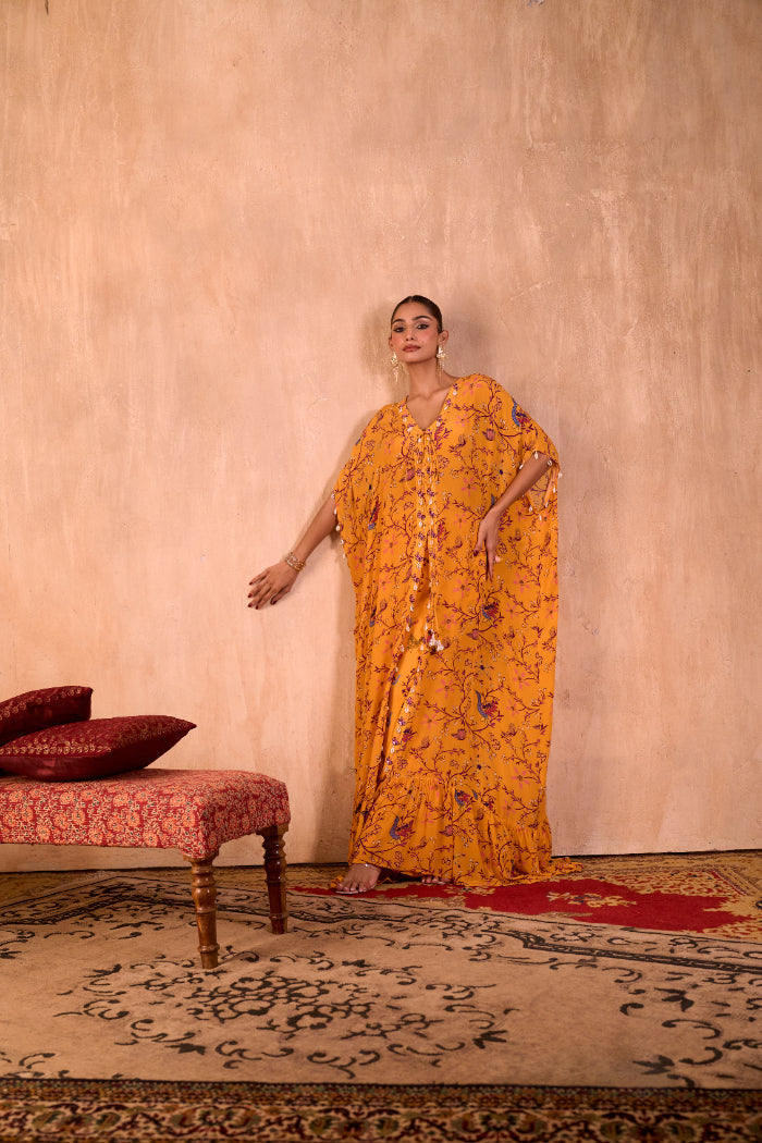 YELLOW PRINT EMBROIDERED LONG KAFTAN WITH PANTS SET - image 6