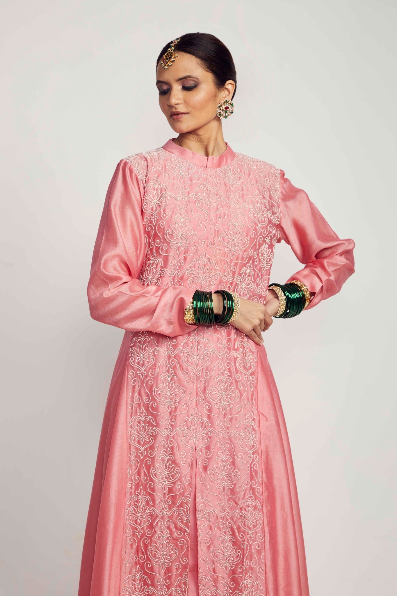 silk chanderi long asymmetrical tunic with pearl embroidered lotus jaal