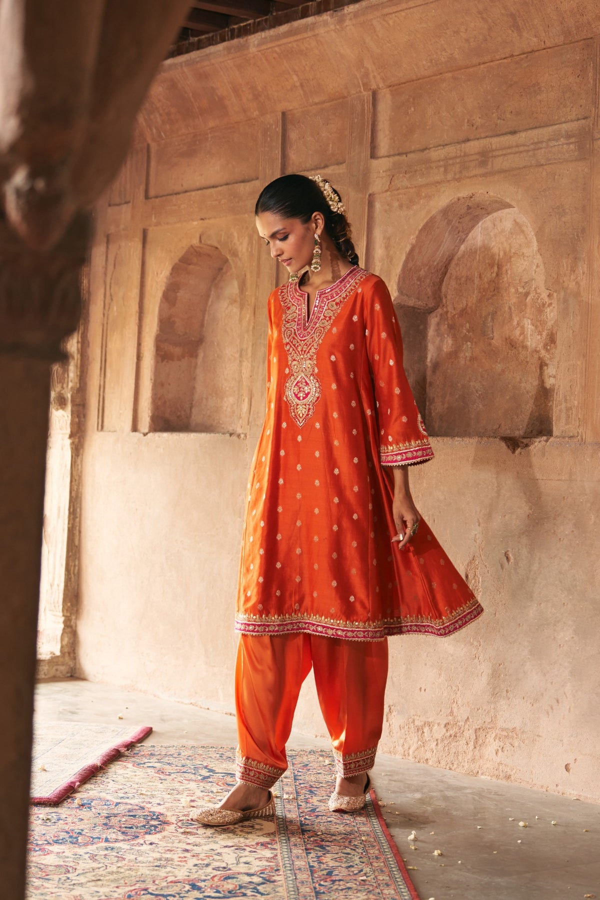 Hafsa Burnt Orange Silk Chanderi Chauga Suit with Dogri Salwar
